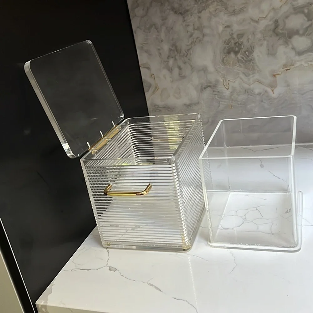 MCM Lucite Ribbed Rectangular 4.5L Ice Bucket Box Liner Goldtone Hardware